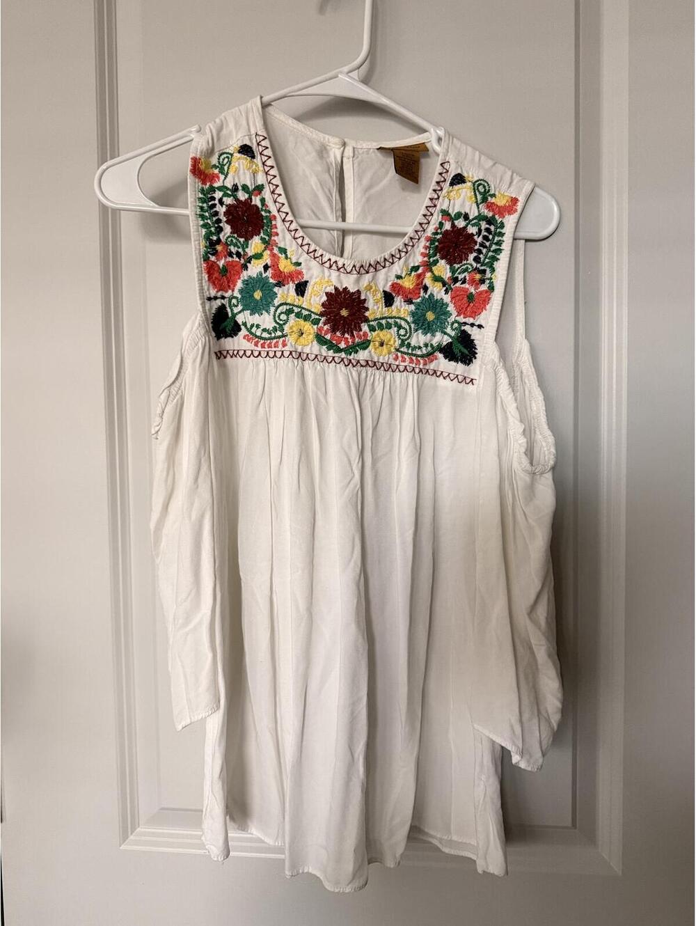 White Shoulder Top with Colorful Floral Embroidery